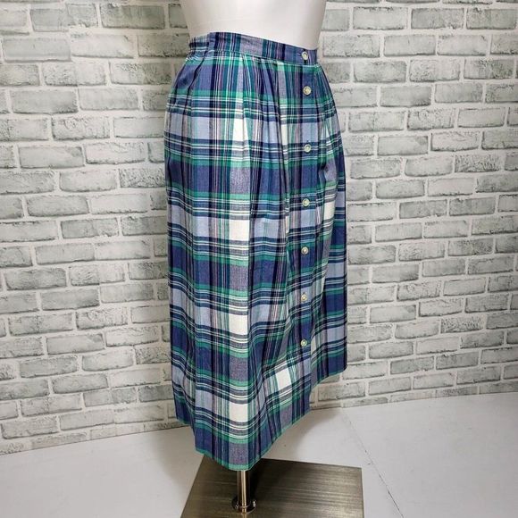 Vintage 80s Alfred Dunner M/L Blue Green White Plaid Button Front Midi Skirt USA - Picture 3 of 7